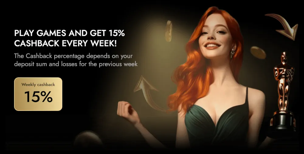 Oscar Spin 15% weekly cashback promotional banner with Oscar statue